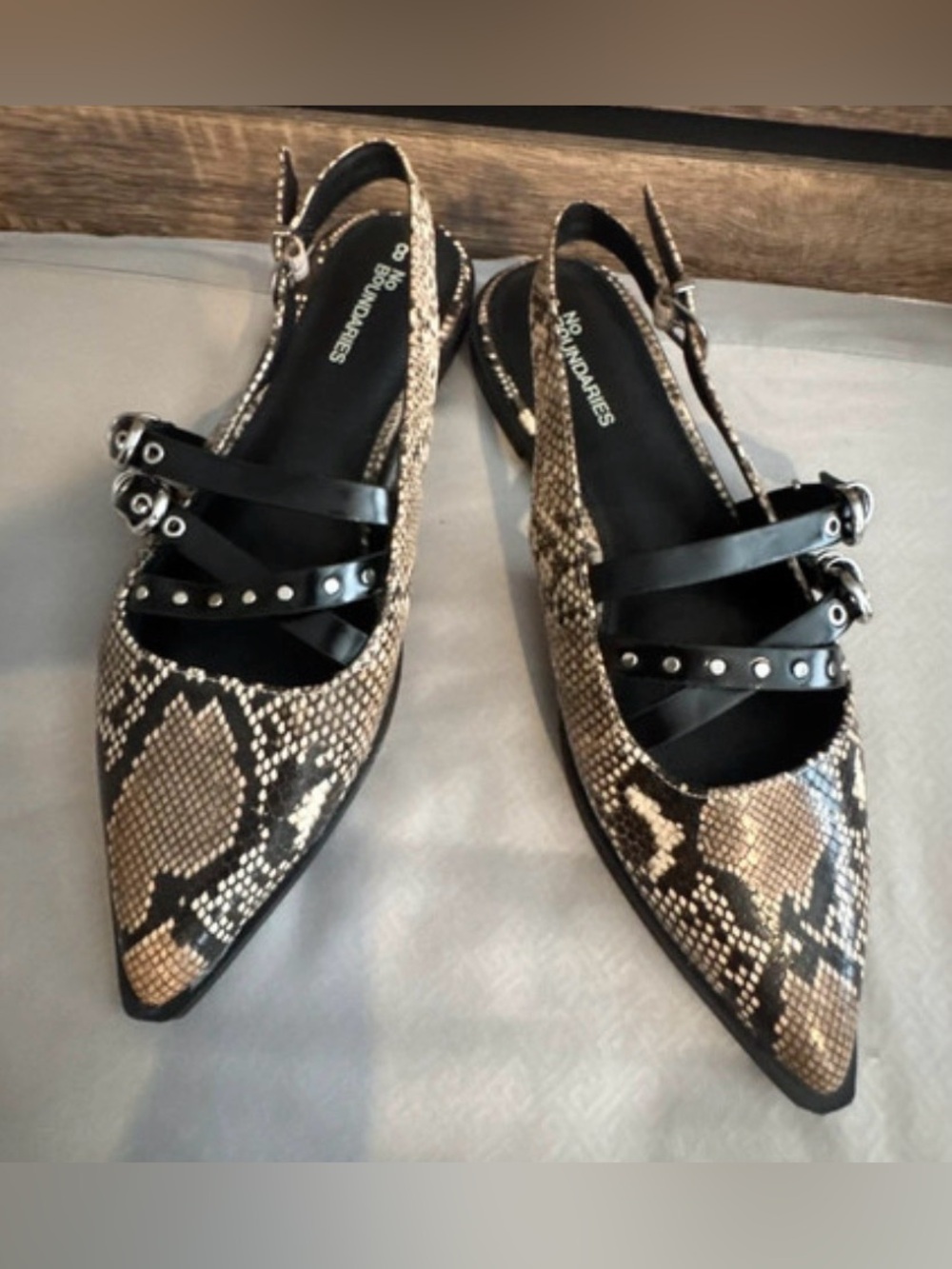 No Boundaries Black and Beige Snake-Print Pointed Slingback Flats